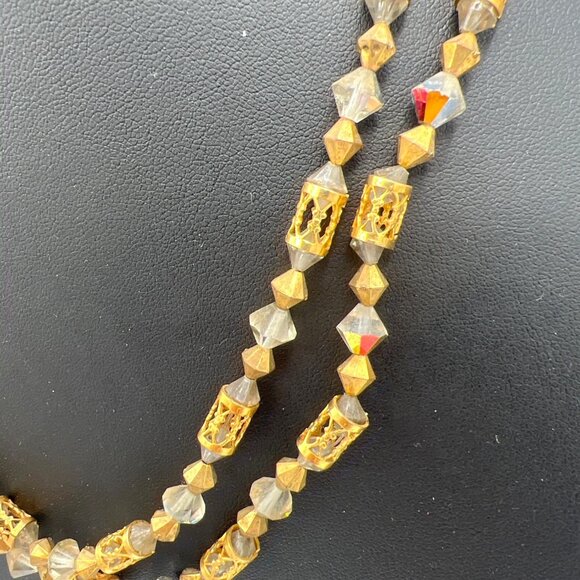 Vtg Double Strand 18" Beaded Necklace GoldTone AB Crystal Bicone Filigree Tubes - Picture 3 of 8